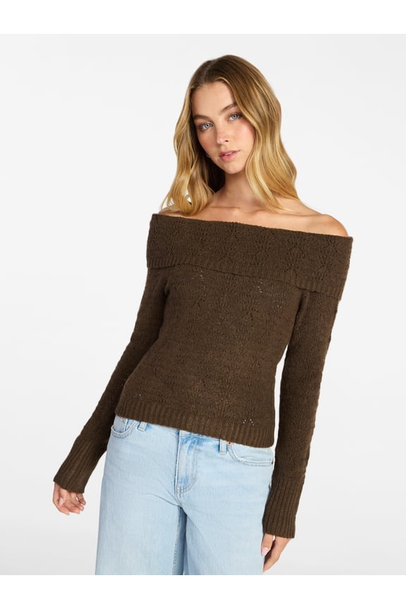 Pointelle Off-The-Shoulder Pullover Sweater, Lightweight, Women's XXS-XXL