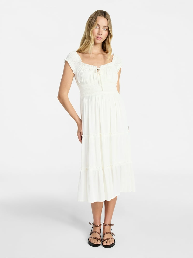 knee length dresses for ladies Puff Sleeve Split Hem Midi Dress main image 0