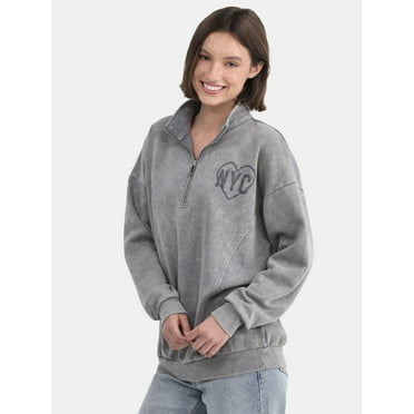 No Boundaries Quarter Zip Graphic Sweatshirt, Lightweight, Women's and Women’s Plus