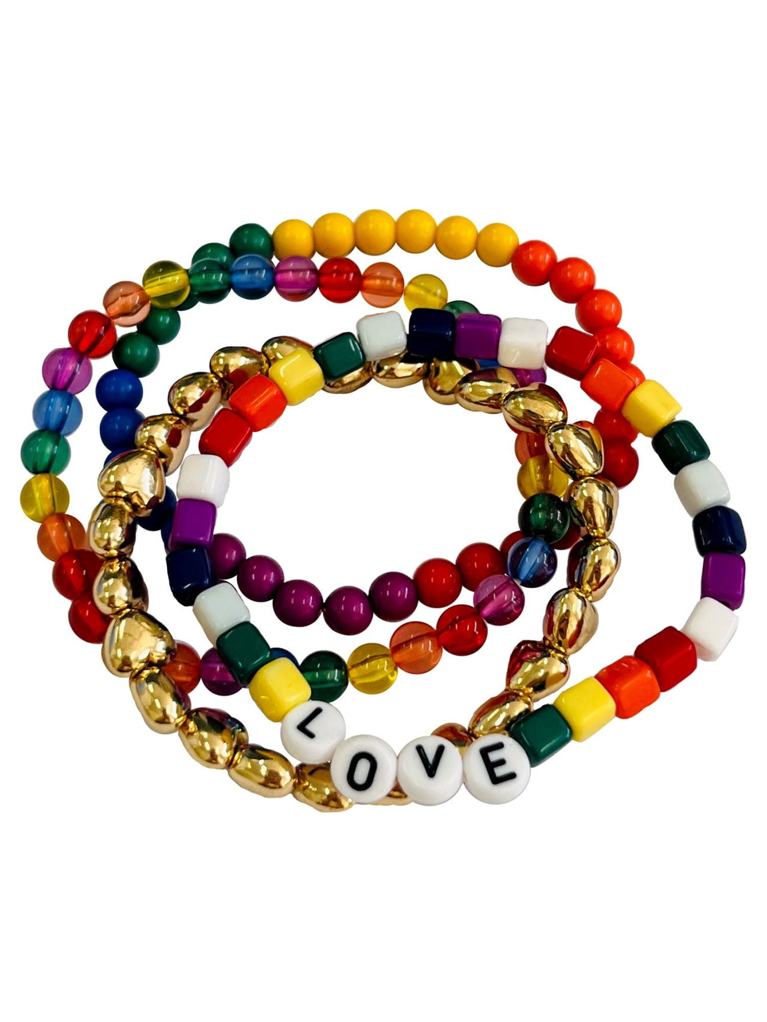Rainbow Enamel Tile Bracelet Set - 4 Stretch Bracelets, Colorful Beads, Stackable For Women & Men