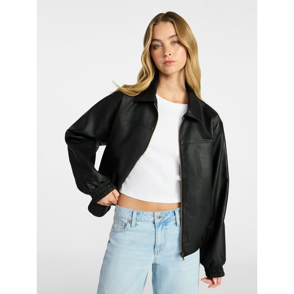 No Boundaries Relaxed Fit Faux Leather Jacket, Women's XXS-XXL