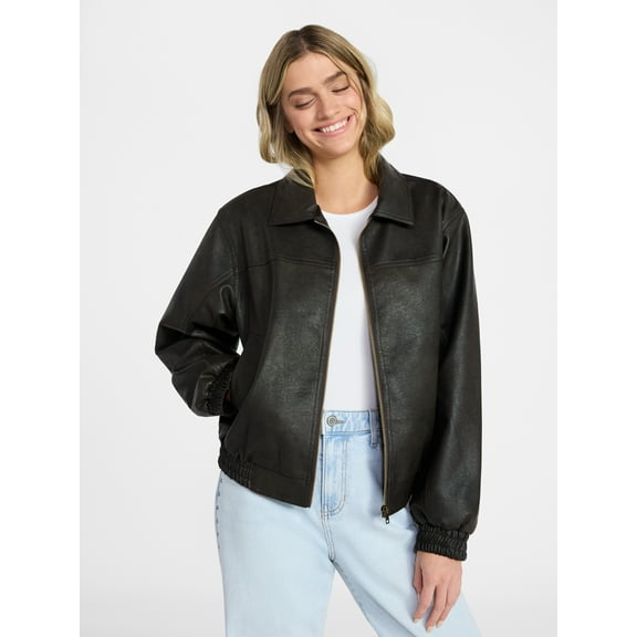 No Boundaries Relaxed Fit Faux Leather Jacket, Women's XXS-XXL