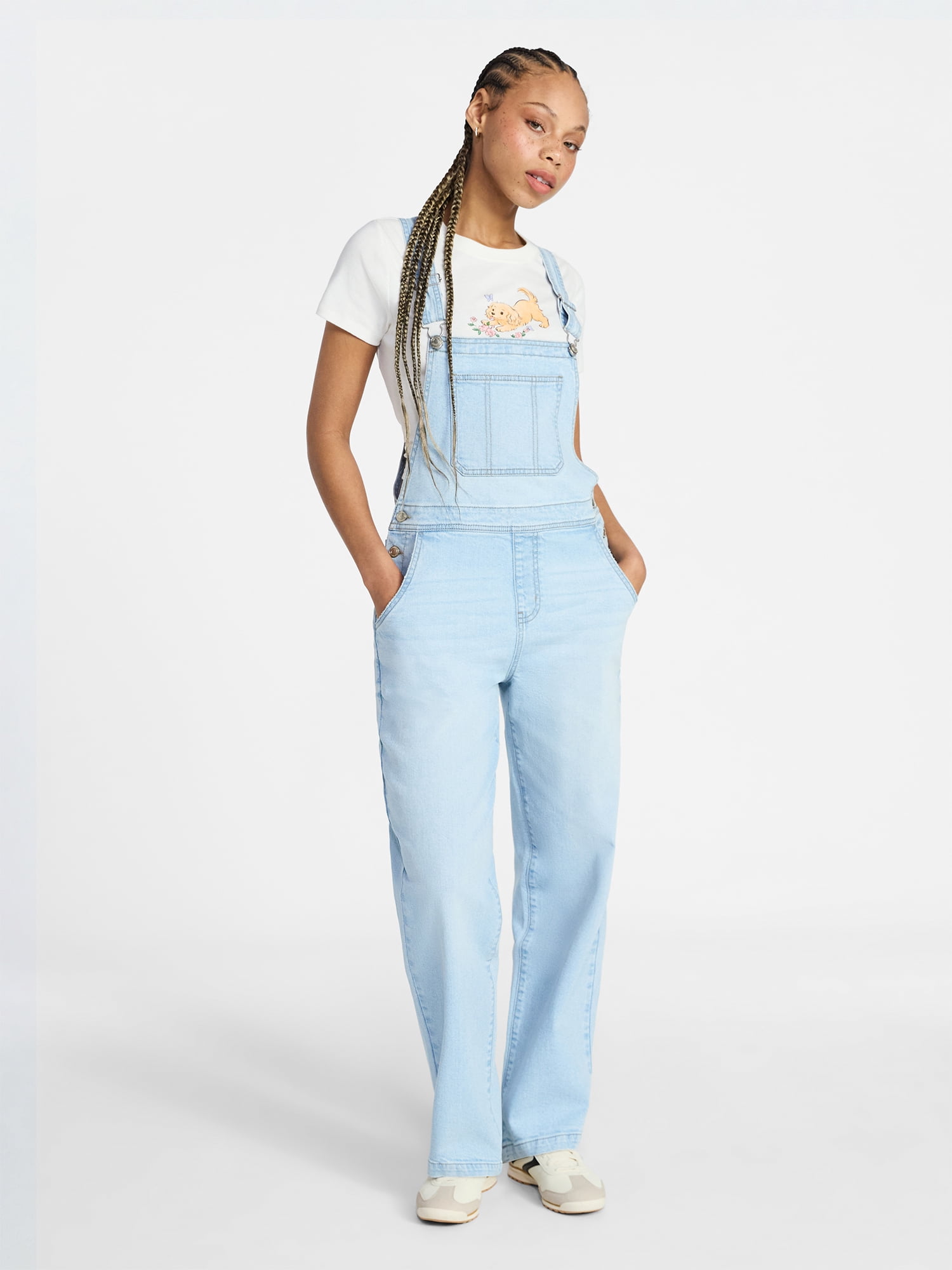 No Boundaries Relaxed Wide Leg Denim Overalls, Women's XXS-XXL