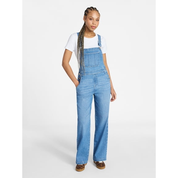 No Boundaries Relaxed Wide Leg Denim Overalls, Women's XXS-XXL