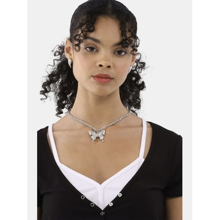 No Boundaries Rhinestone Butterfly Pendant Necklace, Women’s