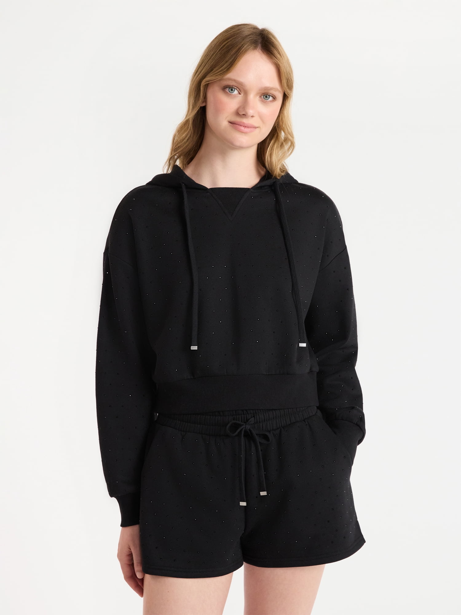 No Boundaries Faux Rhinestone Cropped Hoodie and Shorts Set, 2-Piece, Women’s