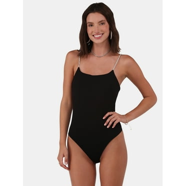 No Boundaries Rhinestone Strap Bodysuit, Women's and Women’s Plus