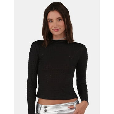 No Boundaries Rhinestone Studded Mesh Top with Long-Sleeves, Women's and Women’s Plus