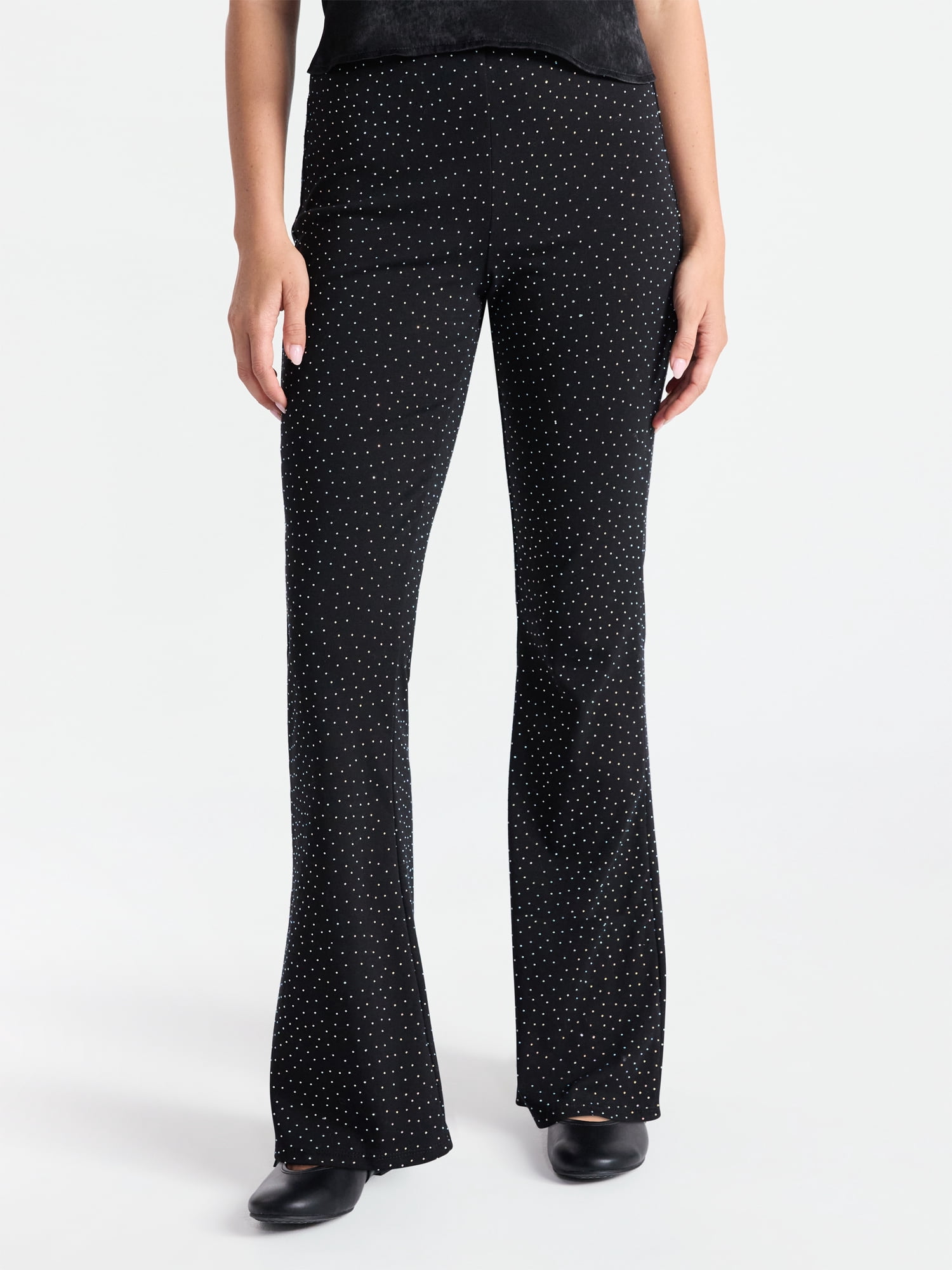 No Boundaries Faux Rhinestone Studded Ribbed Flare Pants, 31'' Inseam, Women's