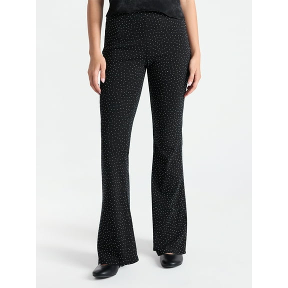 No Boundaries Faux Rhinestone Studded Ribbed Flare Pants, 31'' Inseam, Women's