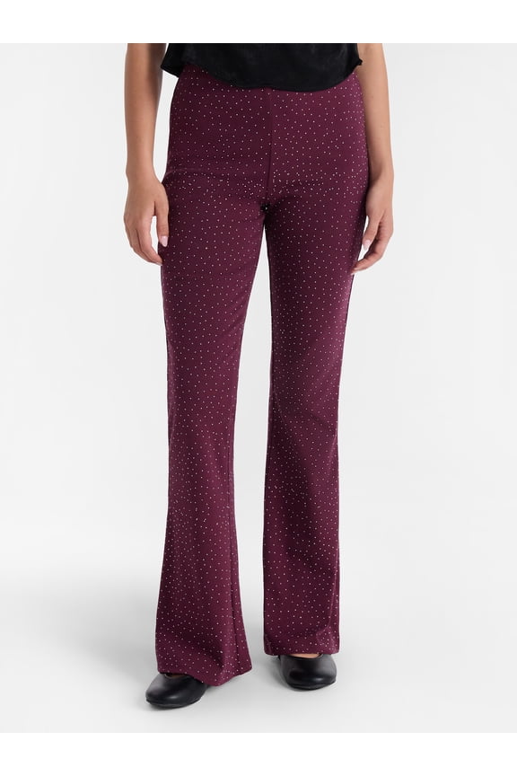 Faux Rhinestone Studded Ribbed Flare Pants, 31'' Inseam, Women's