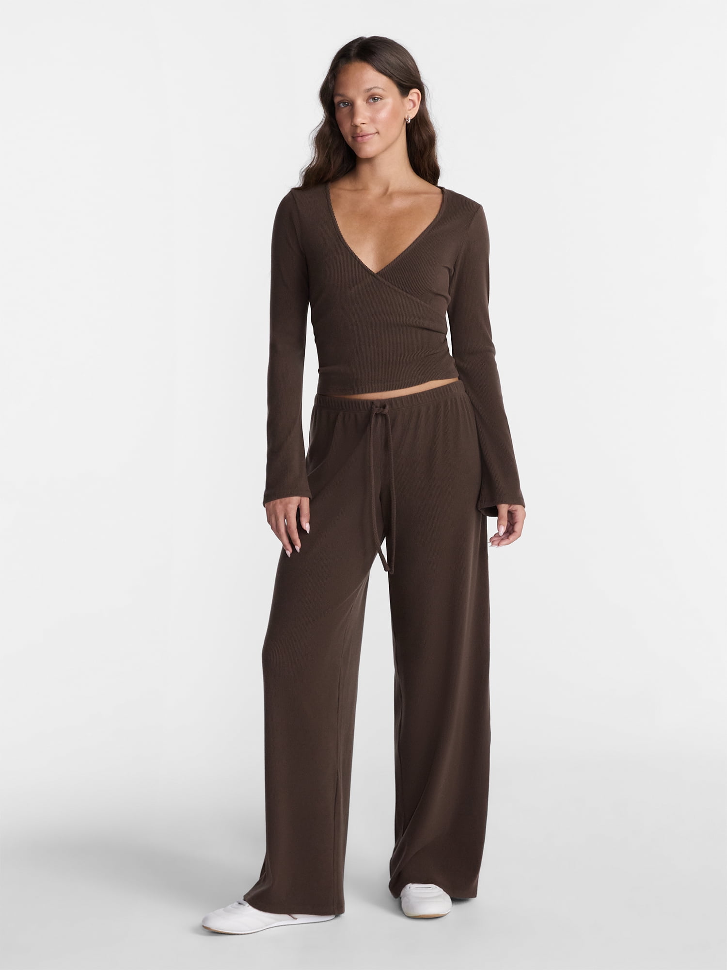 No Boundaries Ribbed Ballet Top and Flare Pants Set, 2 Piece, Women's XXS-XXL
