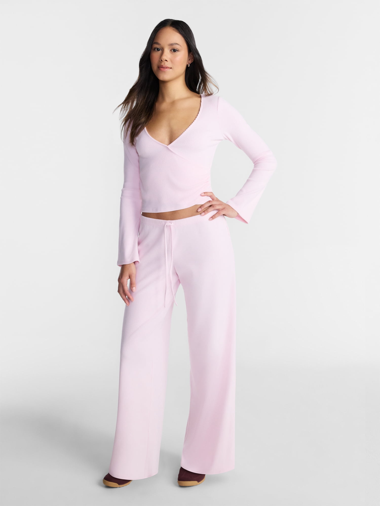 No Boundaries Ribbed Ballet Top and Flare Pants Set, 2 Piece, Women's XXS-XXL