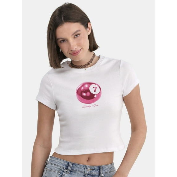 No Boundaries Ribbed Cotton Graphic Baby Tee, Women's and Women’s Plus