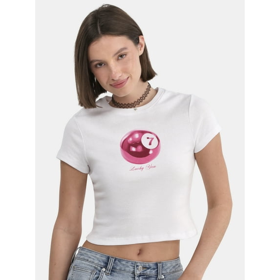 No Boundaries Ribbed Cotton Graphic Baby Tee, Women's and Women’s Plus