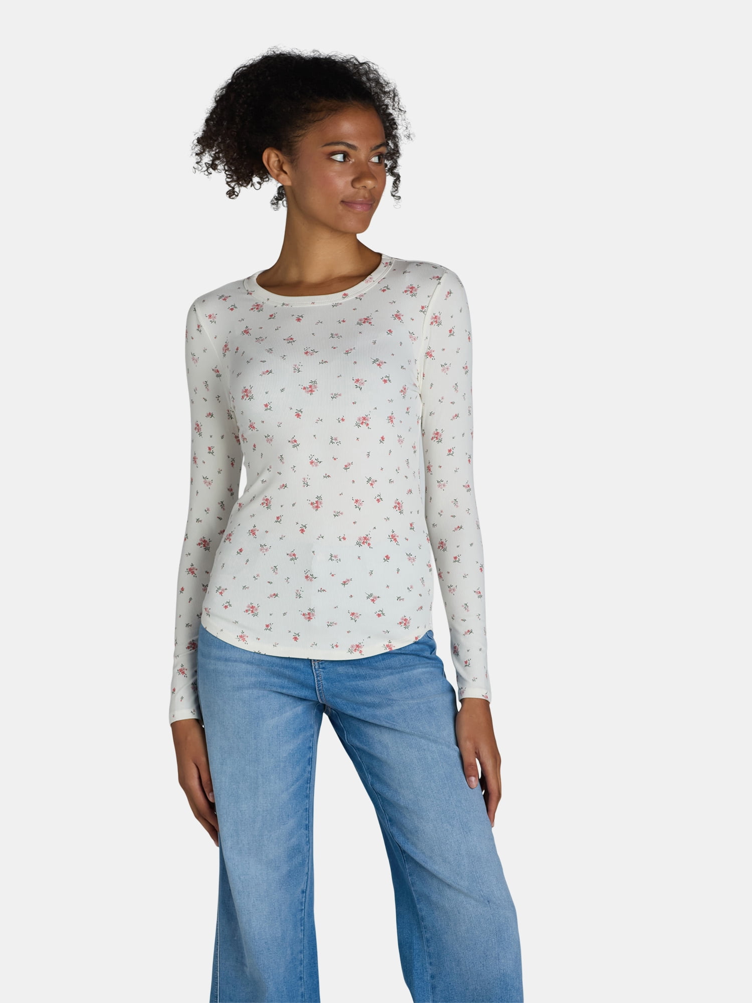 No Boundaries Ribbed Crewneck Tee with Long Sleeves, 1 or 2-Pack