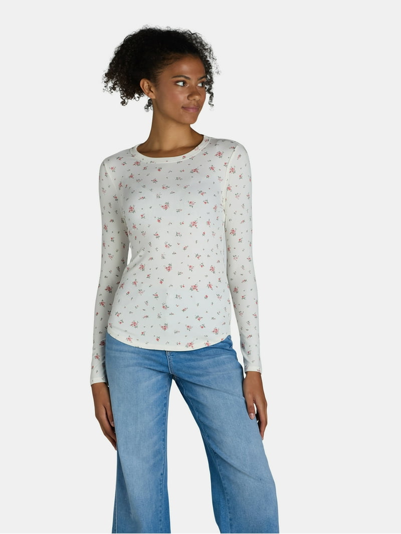 No Boundaries Ribbed Crewneck Tee with Long Sleeves, 1 or 2-Pack