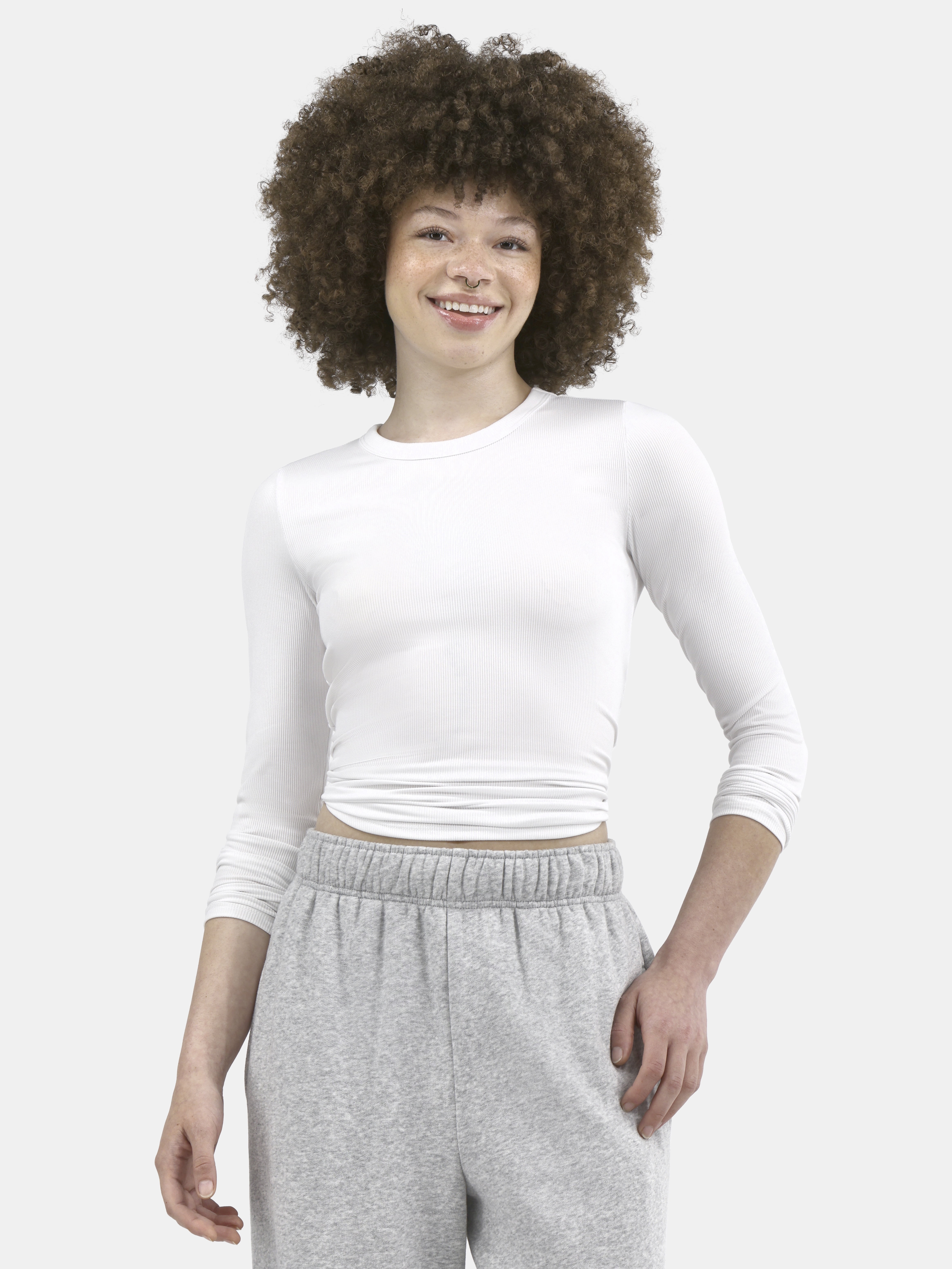 No Boundaries Ribbed Crewneck Tee with Long Sleeves, 1 or 2-Pack, Women's & Women's Plus XXS-XXL