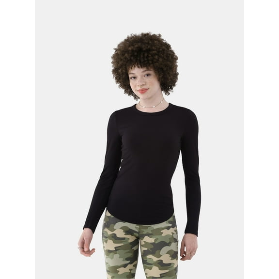 No Boundaries Ribbed Crewneck Tee with Long Sleeves, 1 or 2-Pack, Women's & Women's Plus XXS-XXL