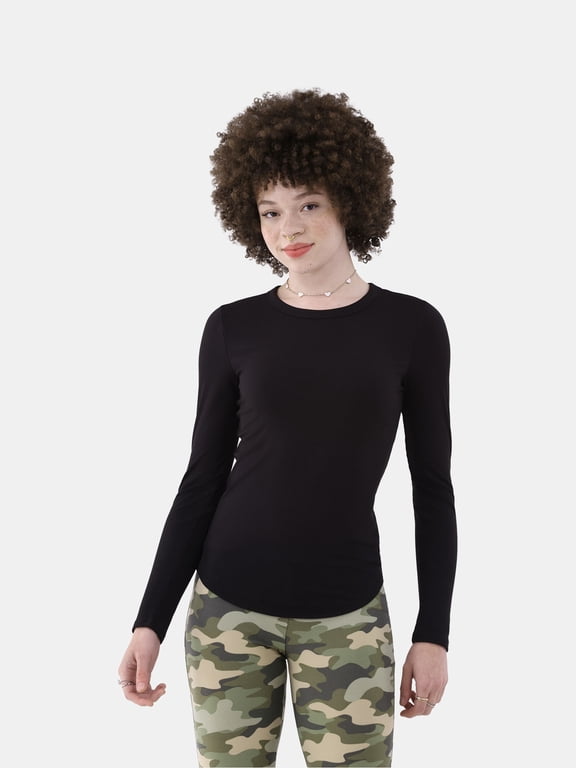 Ribbed Crewneck Tee with Long Sleeves, Women's and Women's Plus XXS-4X