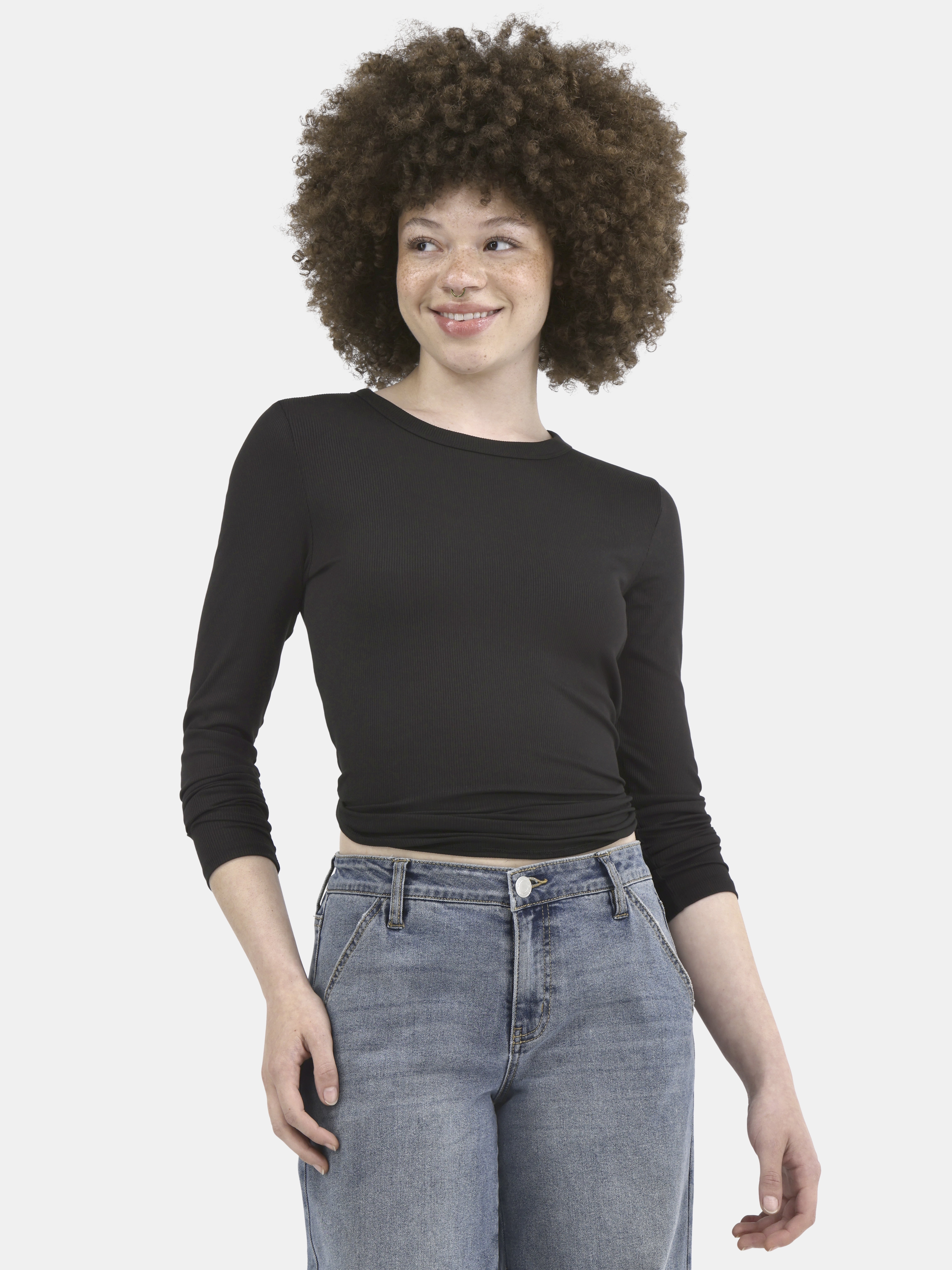 No Boundaries Women's Ribbed Crewneck Long Sleeve T-Shirt 2 Pack