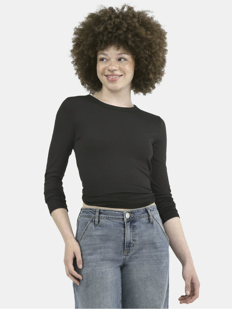 No Boundaries Women's Ribbed Crewneck Long Sleeve T-Shirt 2 Pack