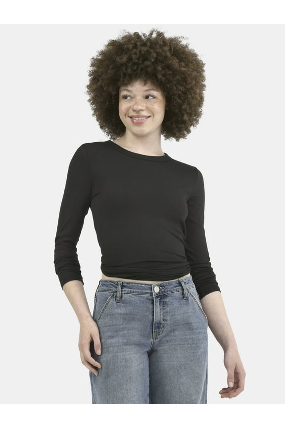 Ribbed Crewneck Tee with Long Sleeves, 1 or 2-Pack, Women's & Women's Plus XXS-XXL