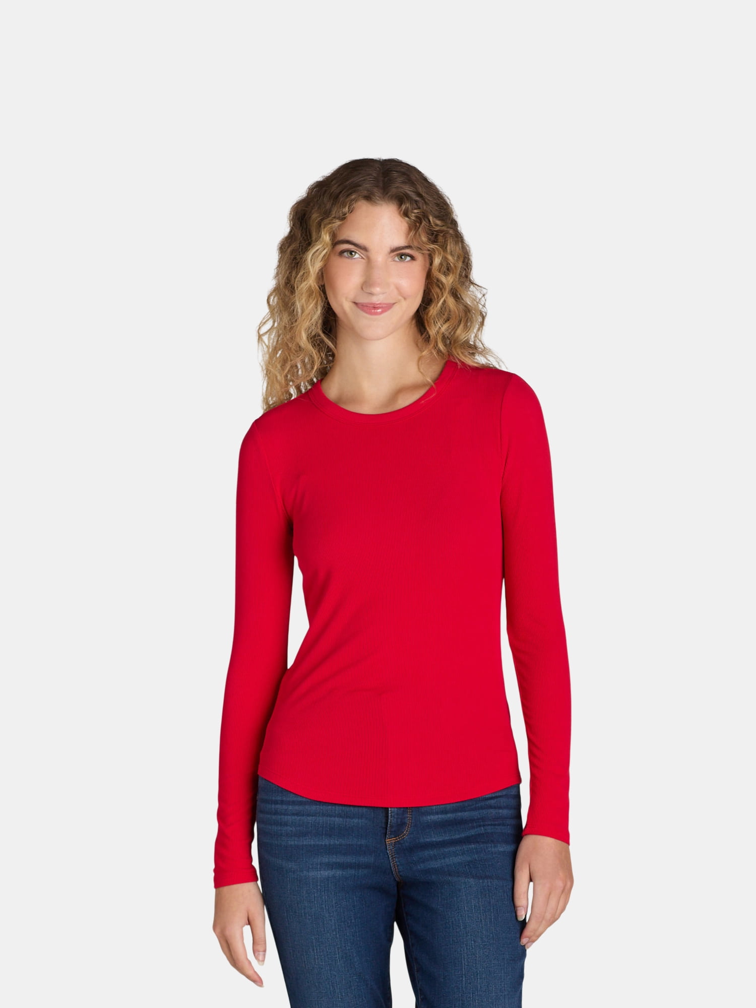 No Boundaries Ribbed Crewneck Tee with Long Sleeves, 1 or 2-Pack, Women's & Women's Plus XXS-XXL