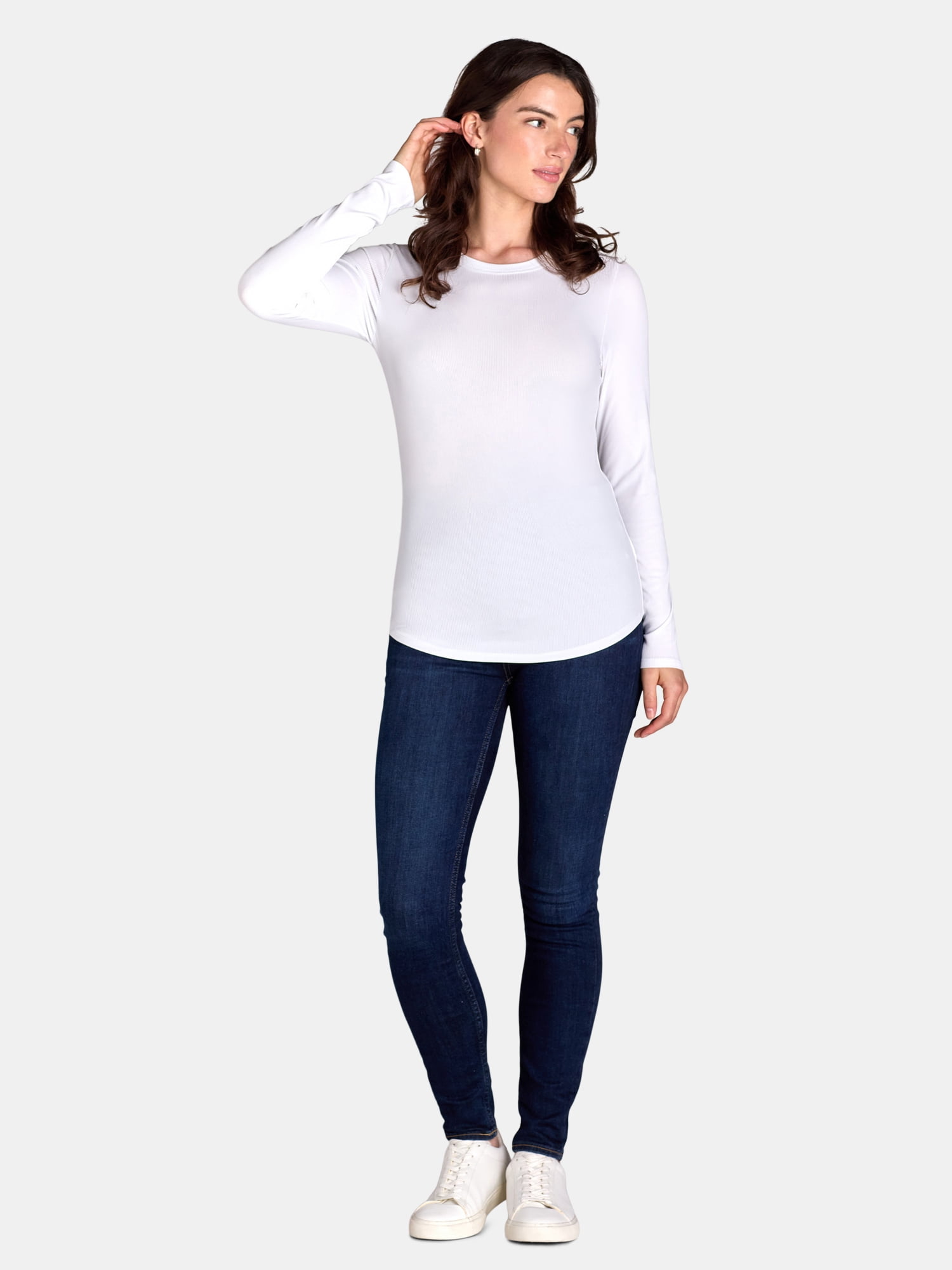No Boundaries Ribbed Crewneck Tee with Long Sleeves, 1 or 2-Pack, Women's & Women's Plus XXS-XXL