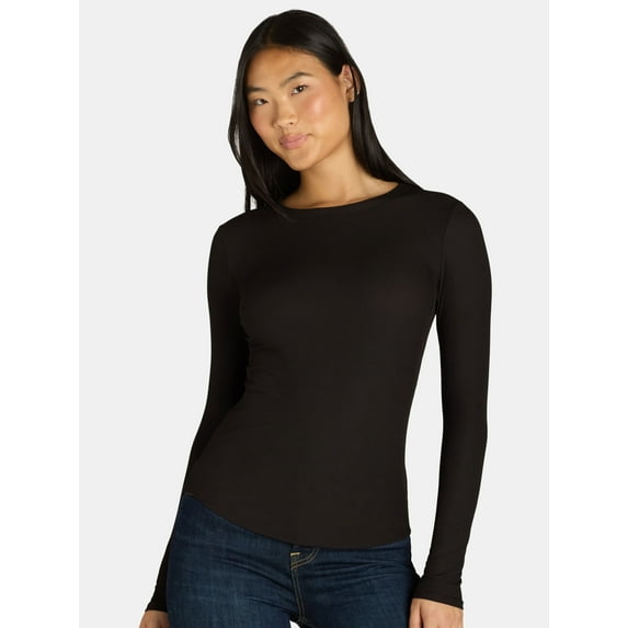 No Boundaries Ribbed Crewneck Tee with Long Sleeves, 1 or 2-Pack, Women's & Women's Plus XXS-XXL