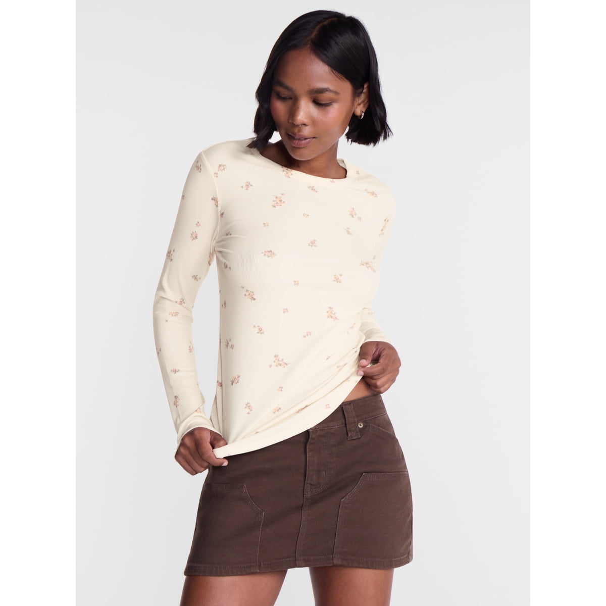 Ribbed Crewneck Tee with Long Sleeves, Women's and Women's Plus XXS-4X