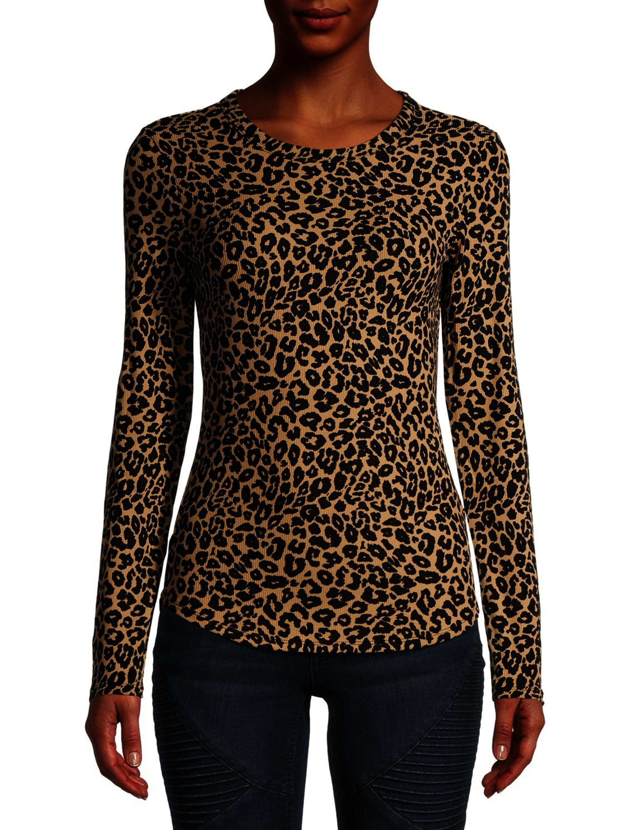 No Boundaries Ribbed Crewneck Tee with Long Sleeves, Women's