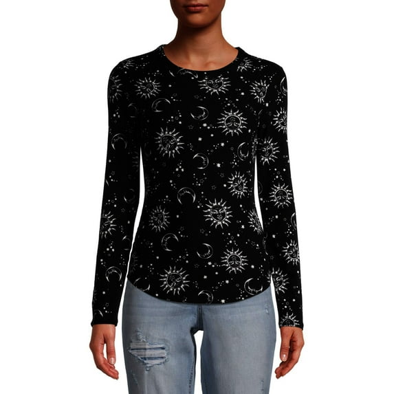 No Boundaries Ribbed Crewneck Tee with Long Sleeves, Women's