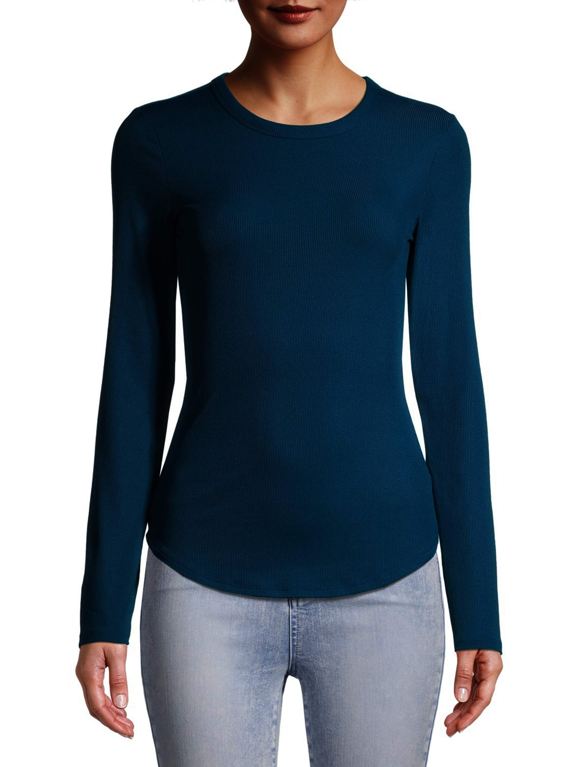 No Boundaries Ribbed Crewneck Tee with Long Sleeves, Women's