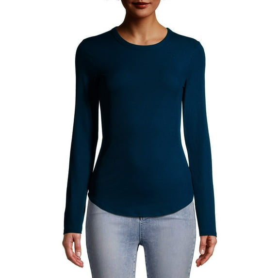 No Boundaries Ribbed Crewneck Tee with Long Sleeves, Women's