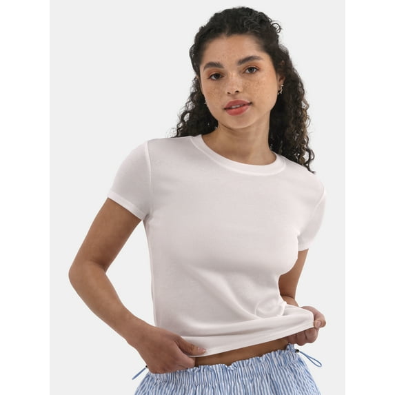 No Boundaries Ribbed Crewneck Tee with Short Sleeves, Women's