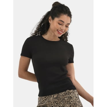 No Boundaries Ribbed Crewneck Tee with Short Sleeves, Women's