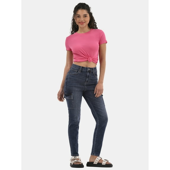 No Boundaries Ribbed Crewneck Tee with Short Sleeves, Women's