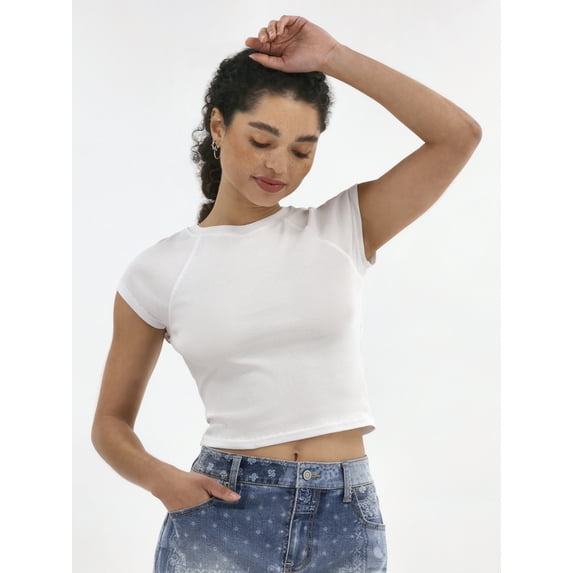 No Boundaries Ribbed Garment Wash Tee with Short Sleeves, Women's