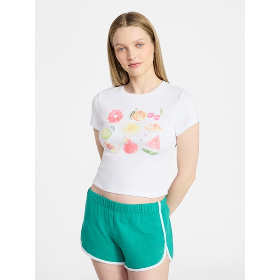 No Boundaries Ribbed Cotton Graphic Baby Tee with Short Sleeves, Women's XXS-XXL