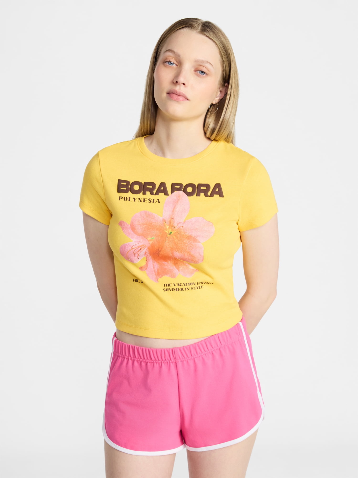 No Boundaries Ribbed Cotton Graphic Baby Tee with Short Sleeves, Women's XXS-XXL