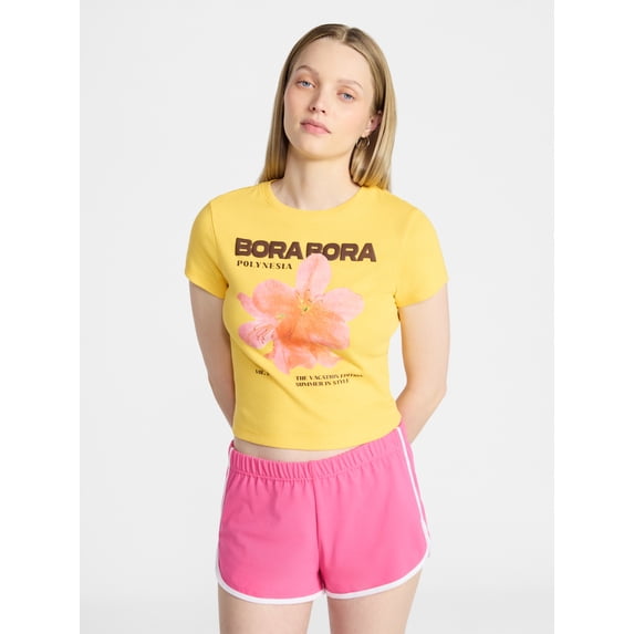 No Boundaries Ribbed Cotton Graphic Baby Tee with Short Sleeves, Women's XXS-XXL