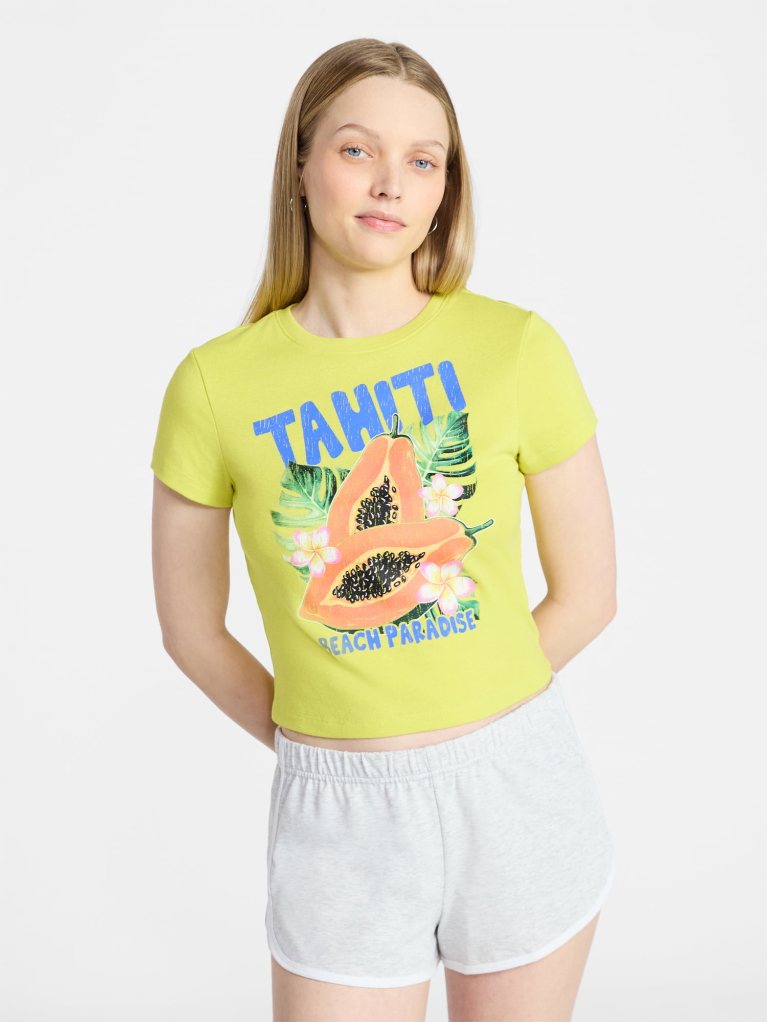 No Boundaries Ribbed Cotton Graphic Baby Tee with Short Sleeves, Women's XXS-XXL