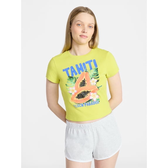 No Boundaries Ribbed Cotton Graphic Baby Tee with Short Sleeves, Women's XXS-XXL