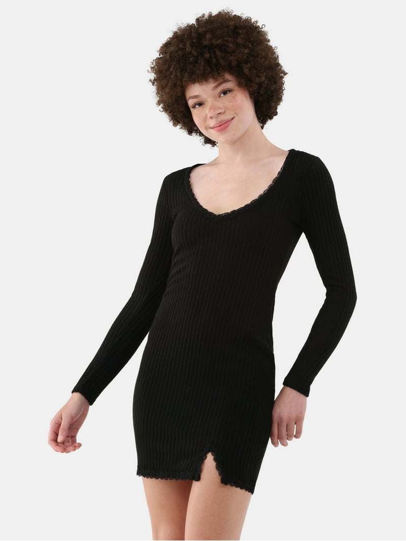 No Boundaries Ribbed Mini Dress - Lace Trim - Walmart.com