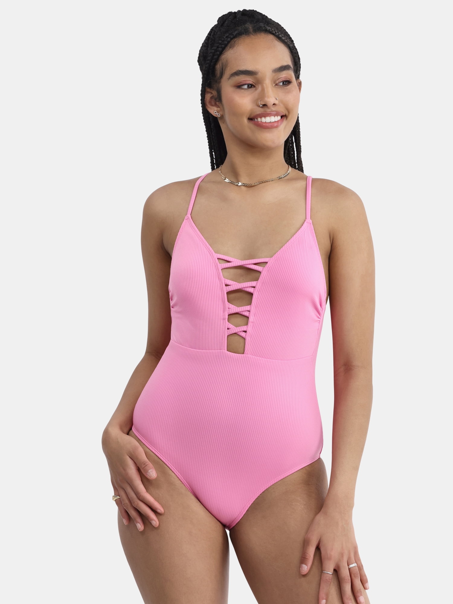 No Boundaries Women's Ribbed Lace-Up One-Piece Swimsuit