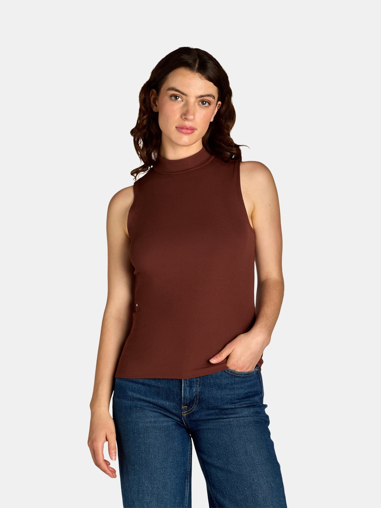 A-Line High-Low Buttoned Contrast Color Pockets Mock Neck Tank Top