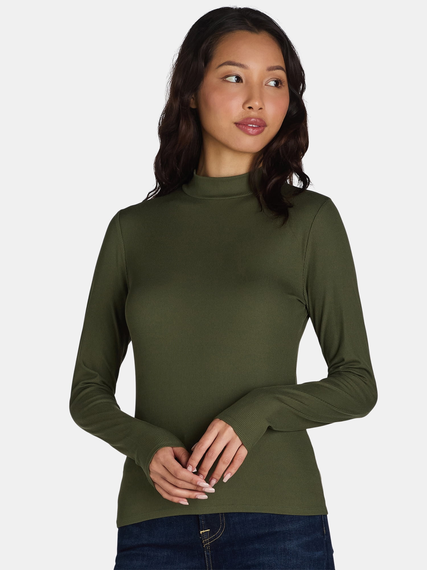 No Boundaries Ribbed Mock Neck Top with Long Sleeves, Women's and