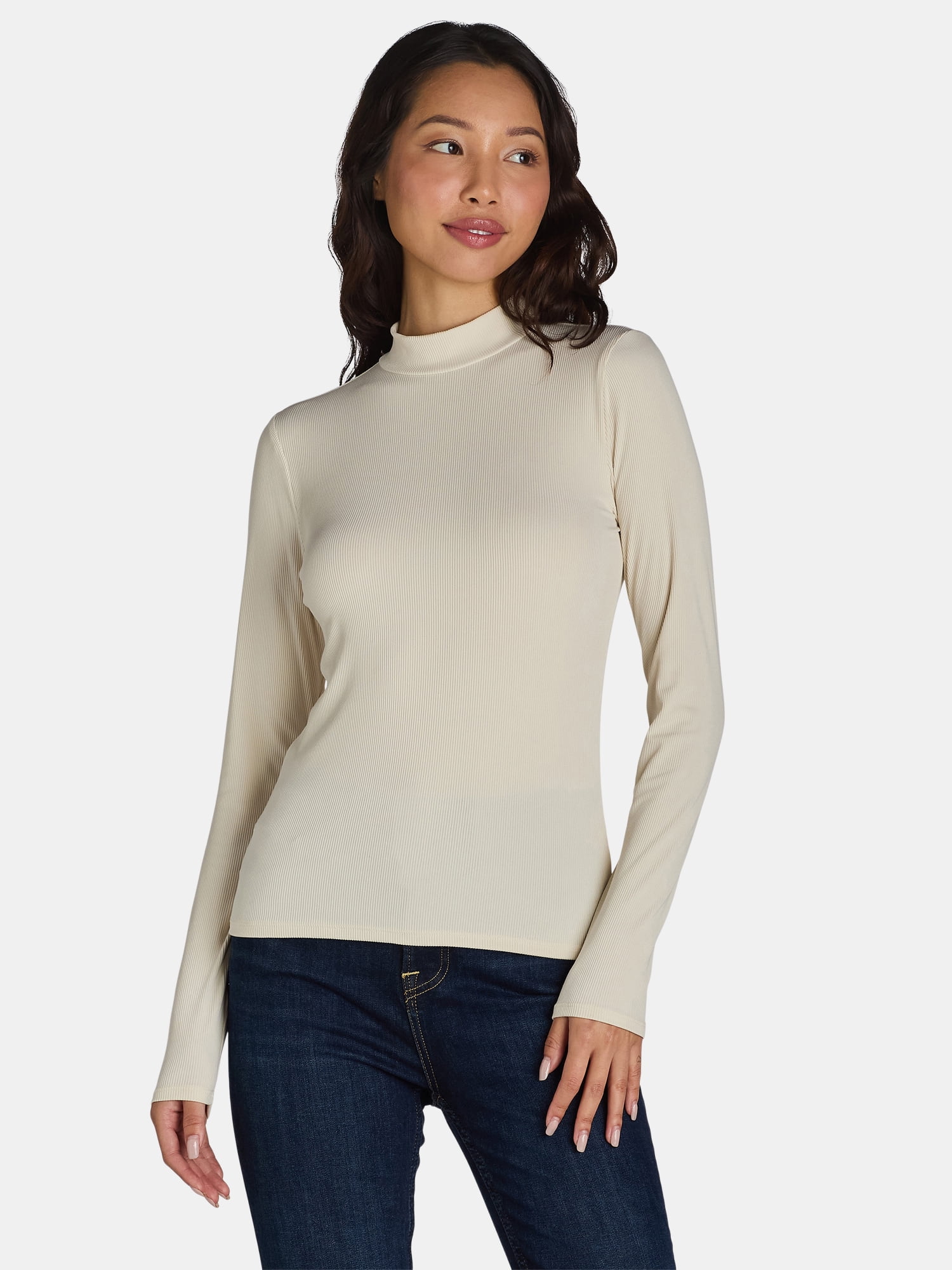 No Boundaries Ribbed Mock Neck Top with Long Sleeves, Women’s and Women’s Plus