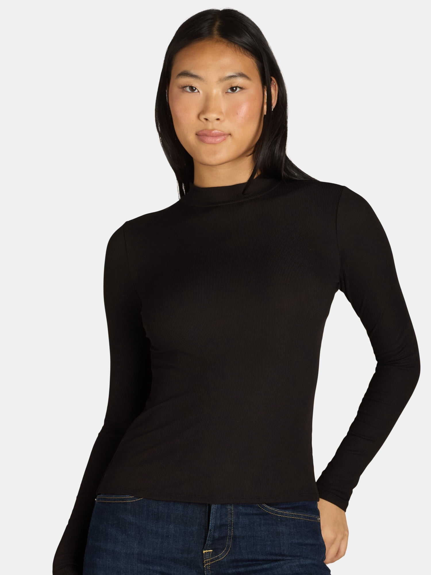 No Boundaries Ribbed Mock Neck Top with Long Sleeves, Women’s and Women’s Plus